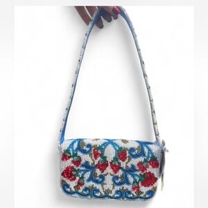 viral blue and white floral strawberry vine beaded shoulder bag made in india